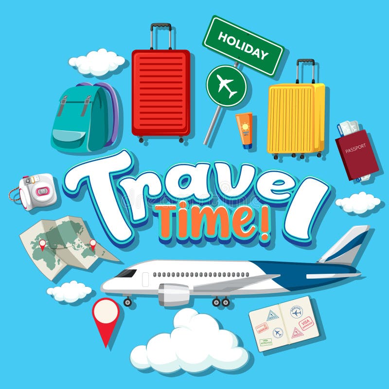 Travel Time Typography Design with Travelling Objects Stock Vector ...