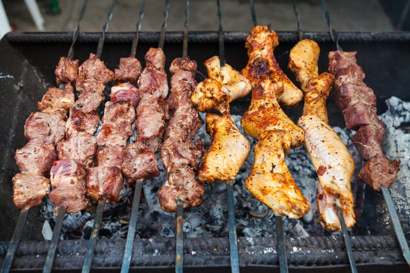 Skewers with Lamb Pieces and Chicken Wings Stock Image - Image of ...