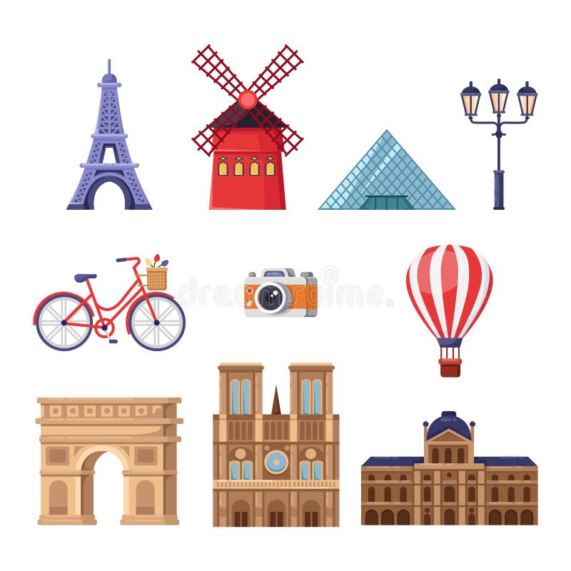 Travel To France Design Elements. Paris Tourist Landmarks Illustration.  Vector Cartoon Isolated Icons Set Editorial Photography - Illustration of  elements, journey: 118261527