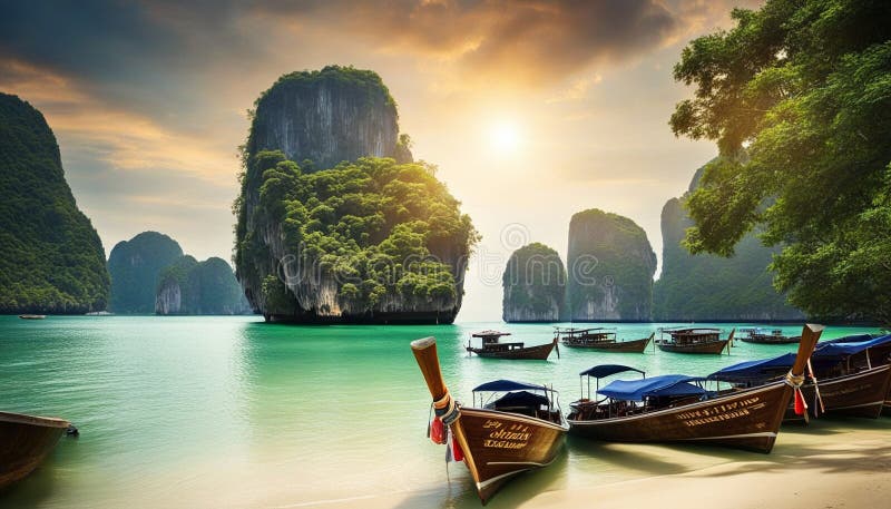 Travel to Thailand exotic destination landscape. Paradise island beach with boats. Beauty of thai tourism vector illustration