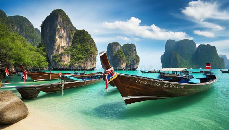 Travel to Thailand exotic destination landscape. Paradise island beach with boats. Beauty of thai tourism stock illustration