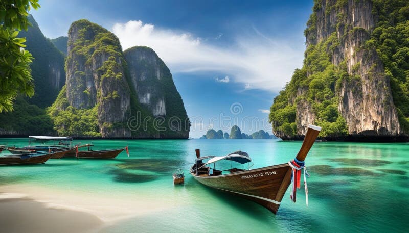 Travel to Thailand exotic destination landscape. Paradise island beach with boats. Beauty of thai tourism vector illustration