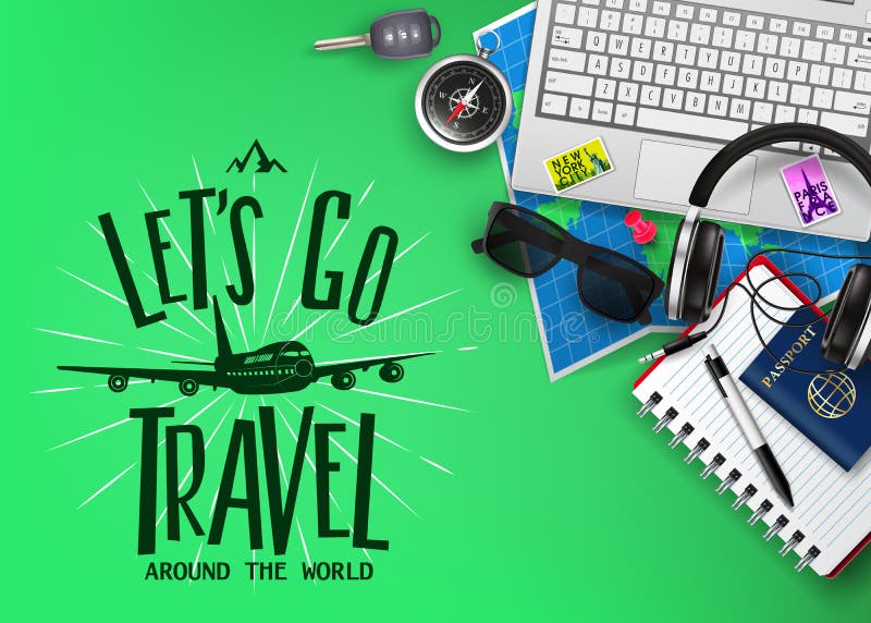 Travel or Tourism Banner with Text Let’s Go Travel Logo and 3D Realistic Traveling Item Elements