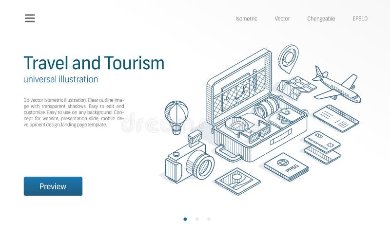 Travel, tourism business modern isometric line illustration. Open suitcase, tour map, flight ticket sketch drawn icons