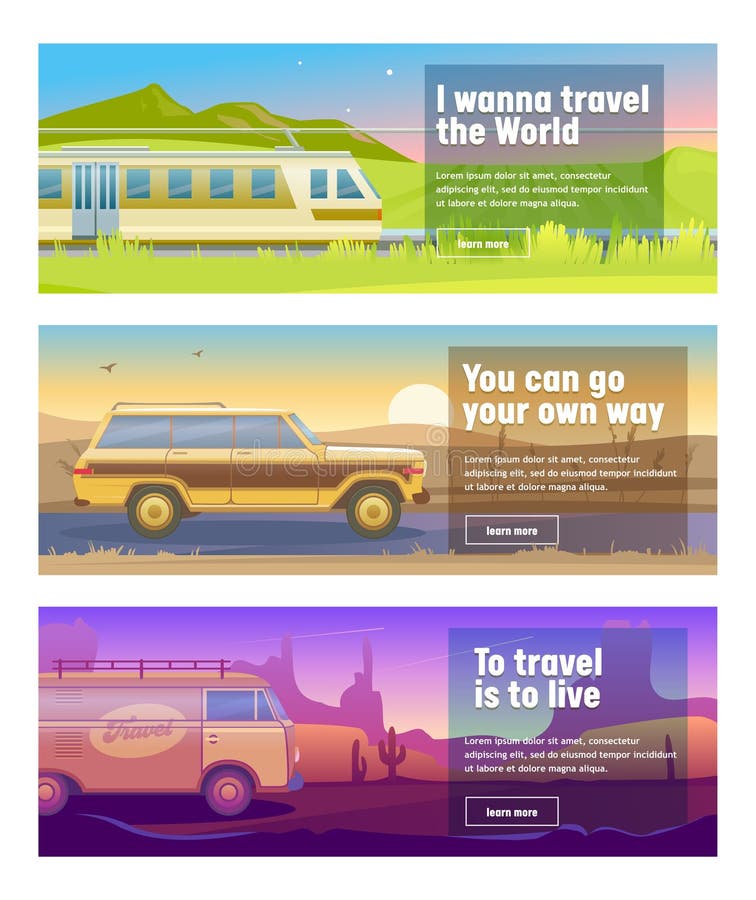 Travel for Train Car Bus Banner Set. Mountain Desert Field Landscape Background. Can Use for Advertisement Poster Card stock illustration Travel for Train Car Bus Banner Set. Mountain Desert Field Landscape Background. Can Use for Advertisement Poster Card stock illustration