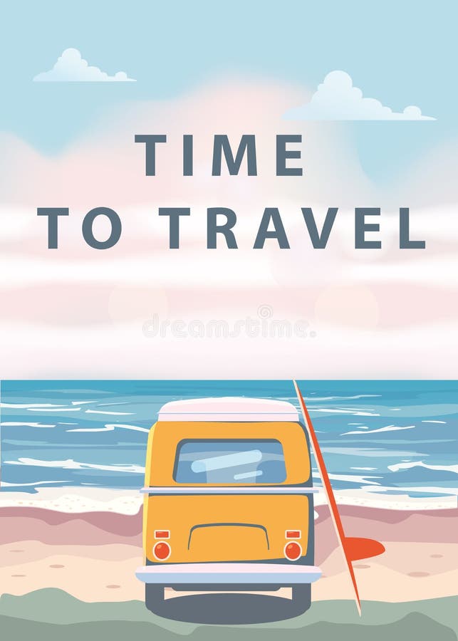 Travel, trip vector illustration. Ocean, sea, seascape Surfing van, camper bus on beach. Travel, trip vector illustration. Ocean, sea, seascape Surfing van, camper bus on beach