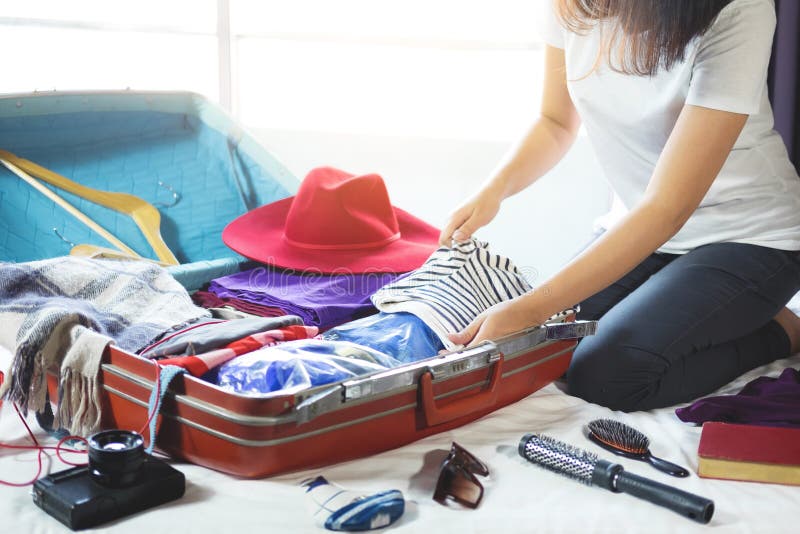 Travel and Vacation Concept, Happiness Young Woman Packing a Lot Stock ...