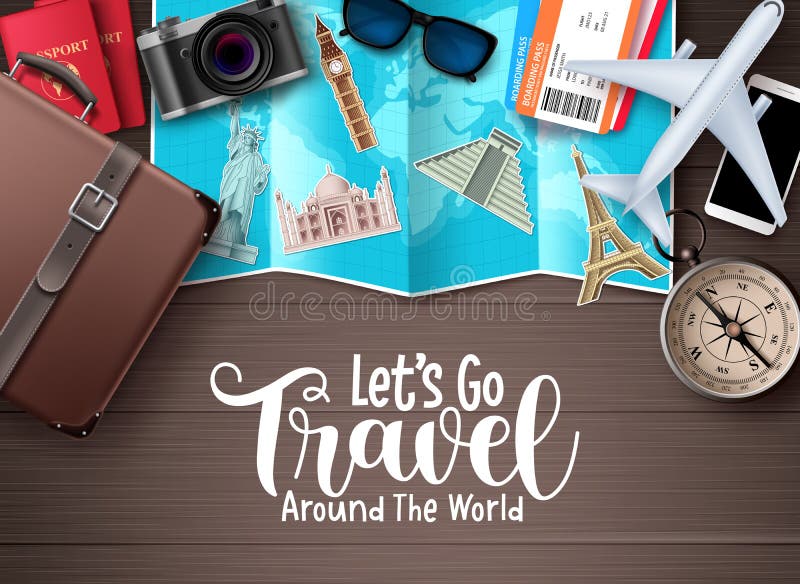 Travel vector design. Let`s go travel around the world text in wood space background