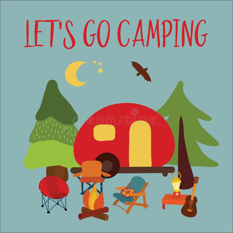 Travel Vector Illustration Let`s Go Camping - Summer Camping Scene. Red ...