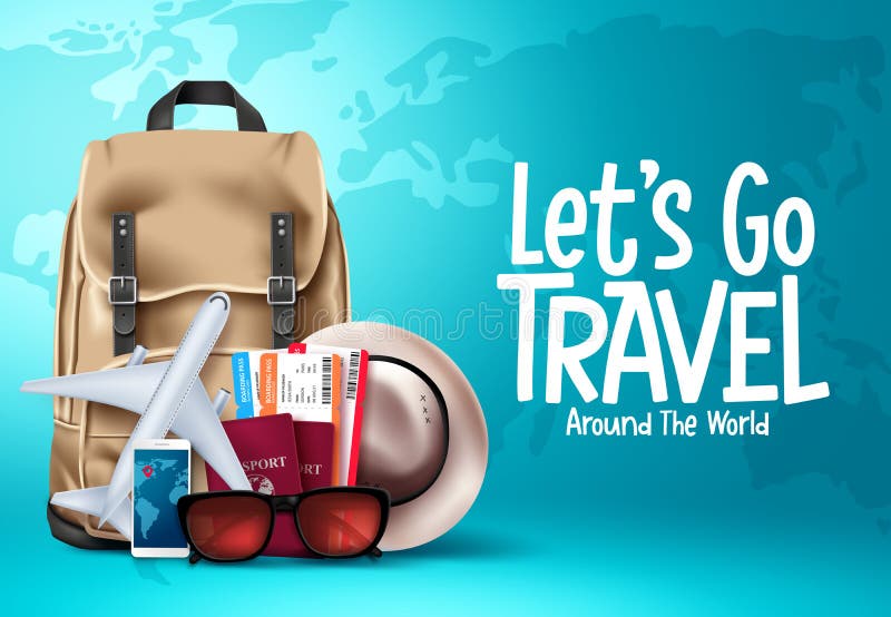 Travel vector template design. Let`s go travel around the world text in blue map background