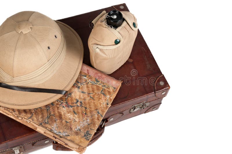 Vintage image of an explorer's hat, canteen and old suitcase. Adventurer adventure stock images, royalty-free photos and pictures