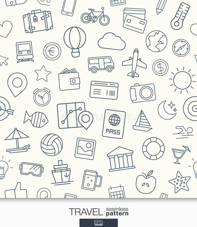 Travel wallpaper. Black and white trip seamless pattern.