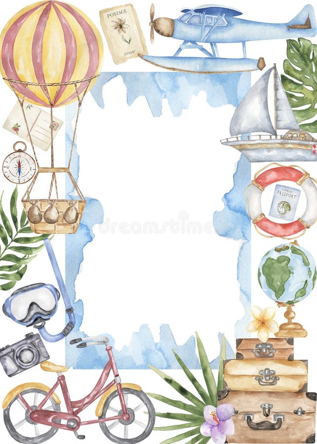 Travel Watercolor Frame with Airplane, Suitcases, Camera, Map, Air ...