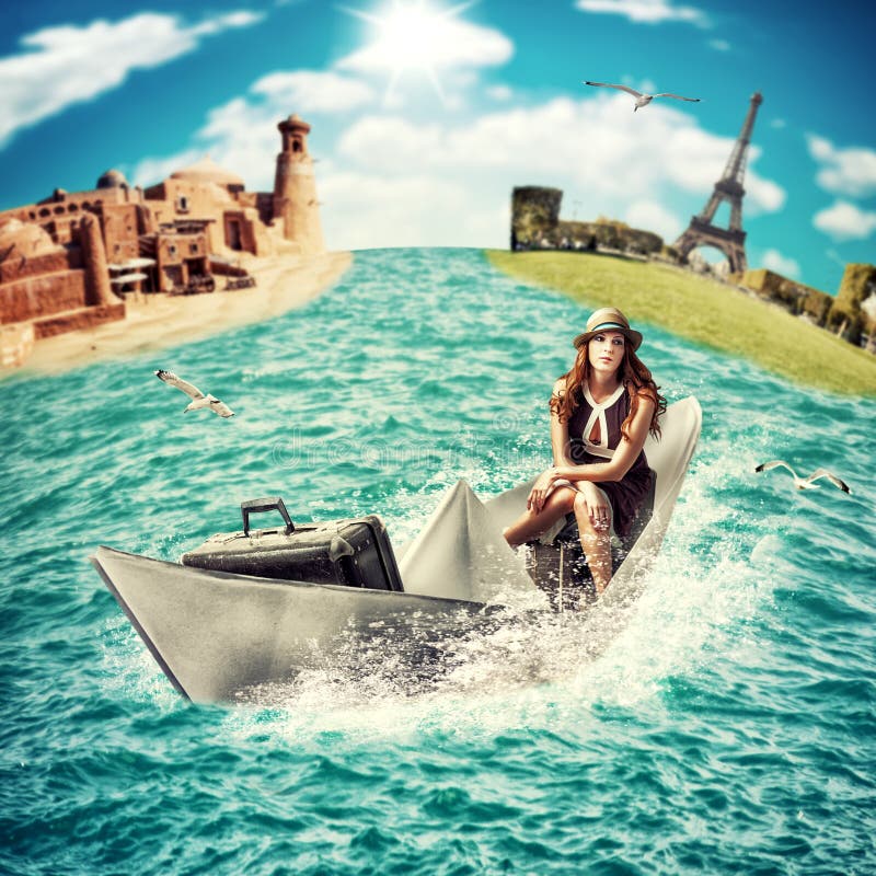 Travel. Woman with luggage on boat stock photos Travel. Woman with luggage on boat stock photos