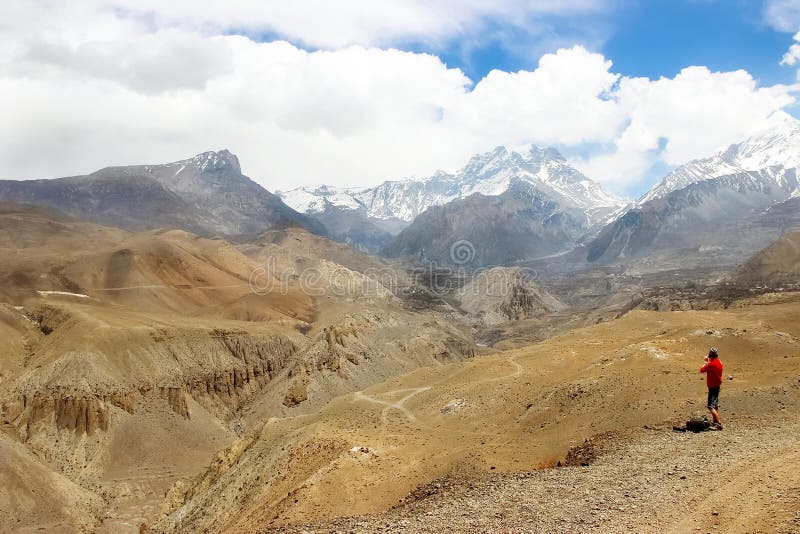 The traveler in the Himalayan mountains. Nepal. Kingdom of Upper Mustang