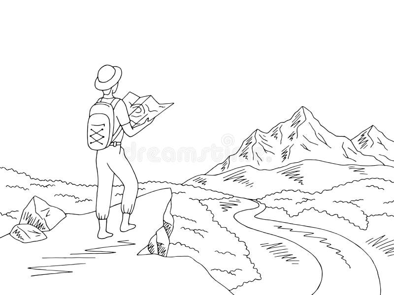 Видеопутешествия Traveler-looks-map-mountain-river-graphic-black-white-landscape-sketch-illustration-vector-122693310