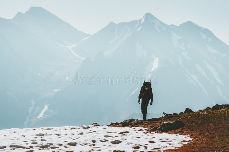 Traveler Man hiking in mountains Lifestyle travel survival concept