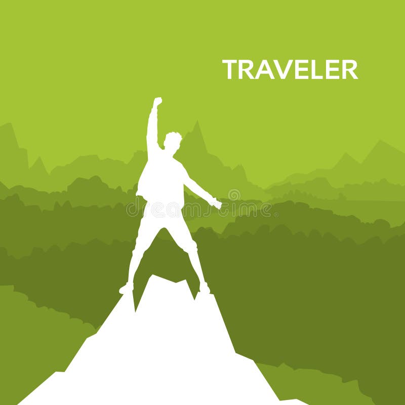 Traveler Man Silhouette Rock Climber Stand On Top Mountain