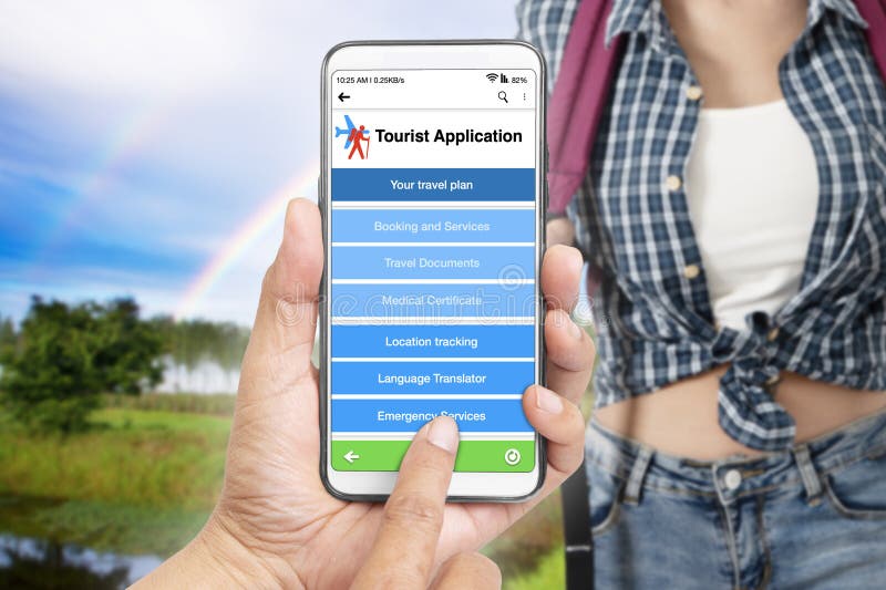 Travelers use tourist application on their smartphones to connect with services wherever they go royalty free stock image