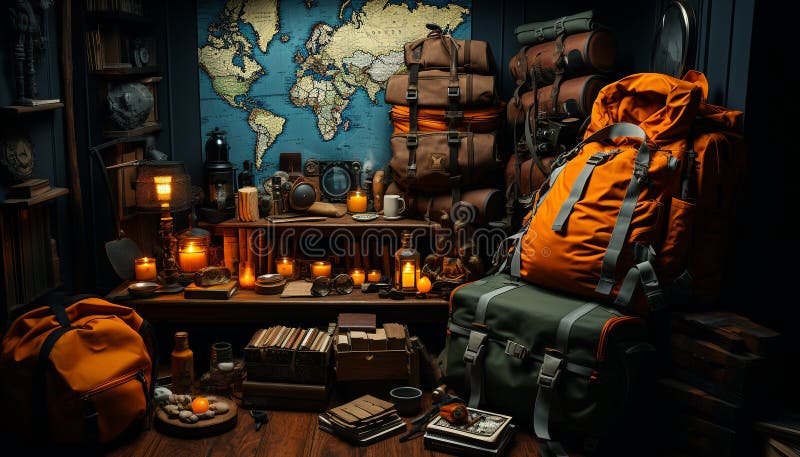 Traveling backpacker explores nature with old fashioned lantern and map generated by AI stock photo