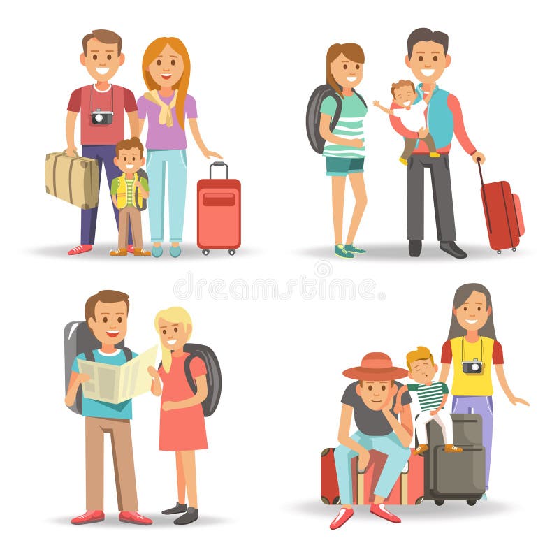 Traveling family children summer holiday tourism vacations vector flat icons stock illustration Traveling family children summer holiday tourism vacations vector flat icons stock illustration
