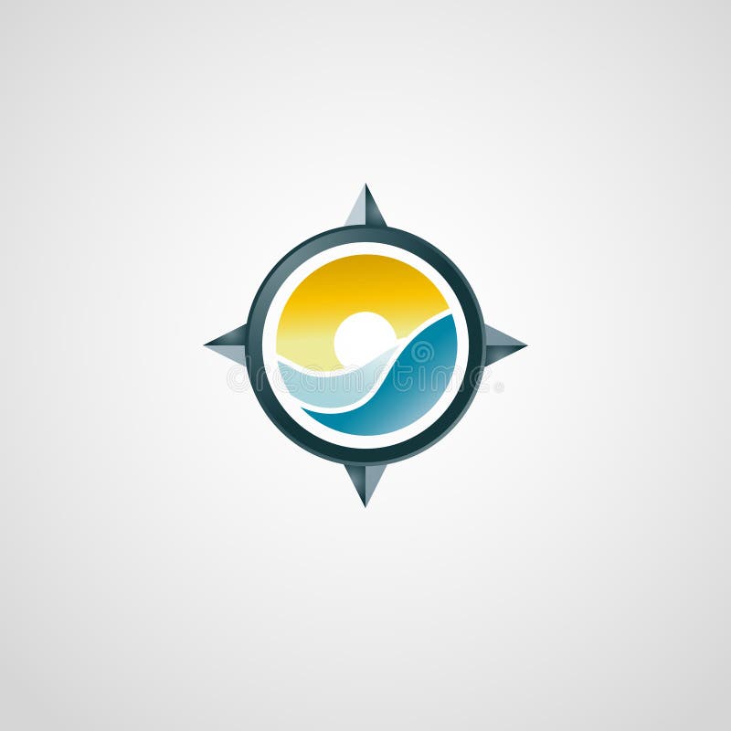 Traveling logo with compass. sunset and sea