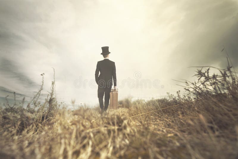 Traveling man walks solitary in wild nature