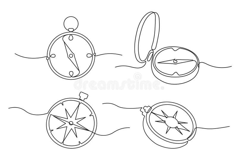 Traveller compass of different design. Single one line drawing equipment for exploration and navigation. Continuous line royalty free illustration
