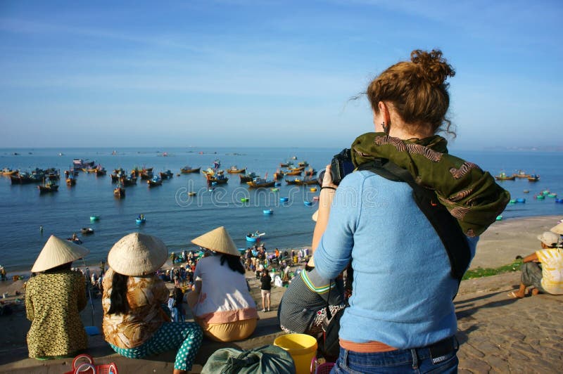 Traveller at Mui Ne fishing village stock photos Traveller at Mui Ne fishing village stock photos