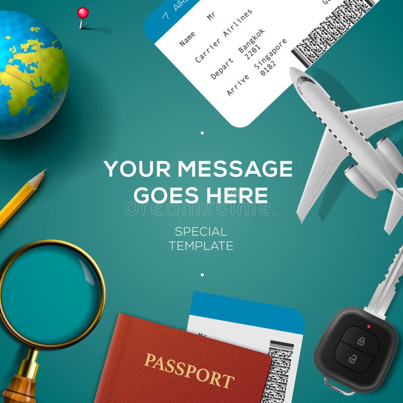 Travelling template with airplane model, smartphone, plane ticket, passport, key and globe, travel and vacations concept. vector illustration. Travelling template with airplane model, smartphone, plane ticket, passport, key and globe, travel and vacations concept. vector illustration.