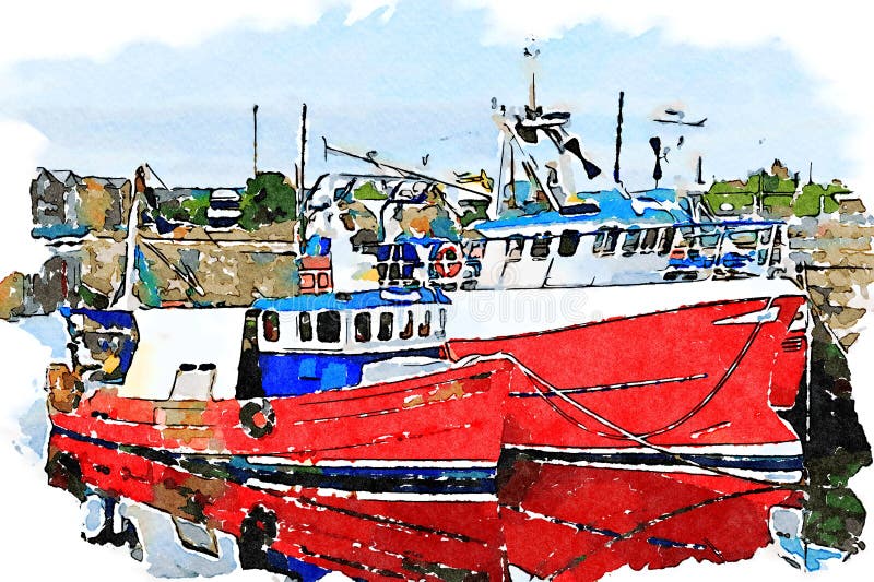 Royalty-Free photo: Red Blue and White Fishing Boats on Dock during Daytime