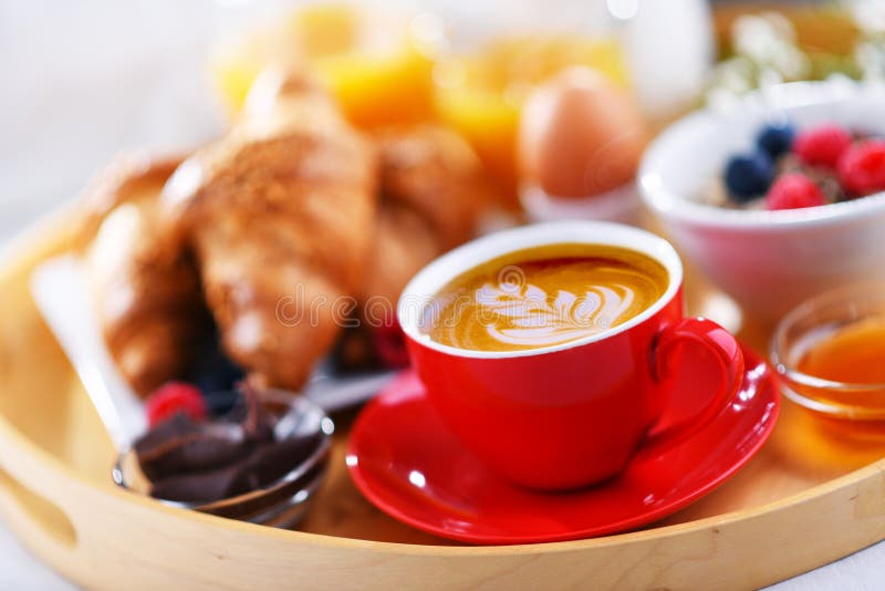 A Tray with Breakfast on a Bed in a Hotel Room Stock Image Image of juice, breakfast 273854499