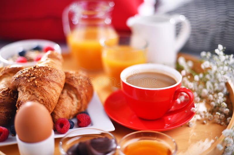 A Tray with Breakfast on a Bed in a Hotel Room Stock Photo Image of