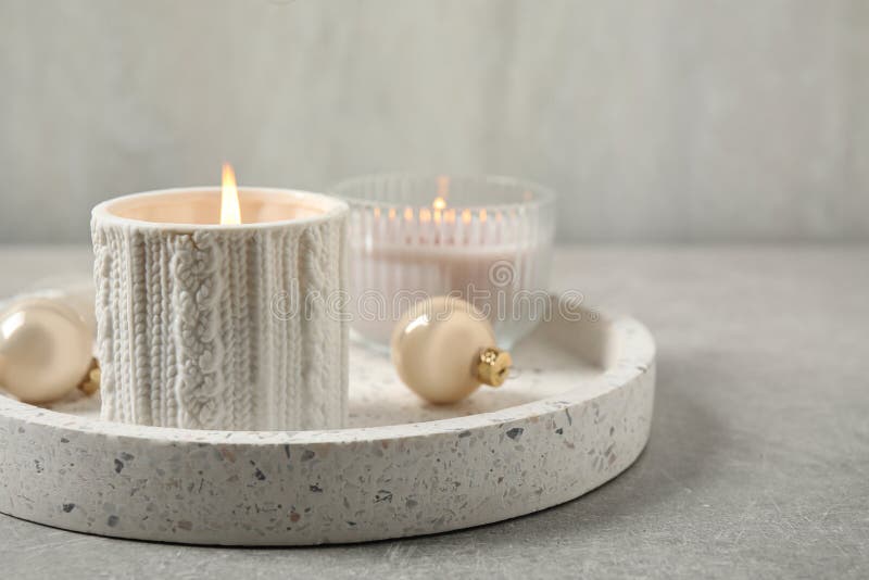 Tray with Candles and Christmas Decor on Grey Table Stock Photo Image