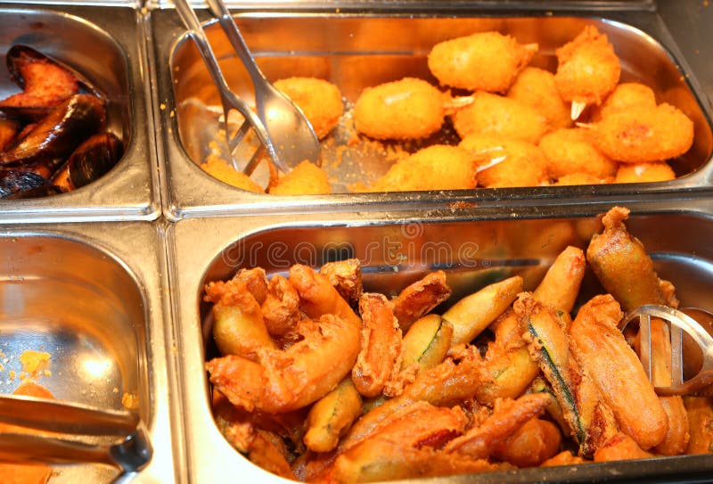 Tray with Deep Fried Foods and Fried Shrimp in the Restaurant Ta Stock