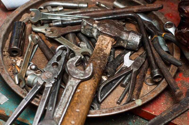 Tray with Garage Tools Hammer Open End Wrenches and Pliers Stock Image