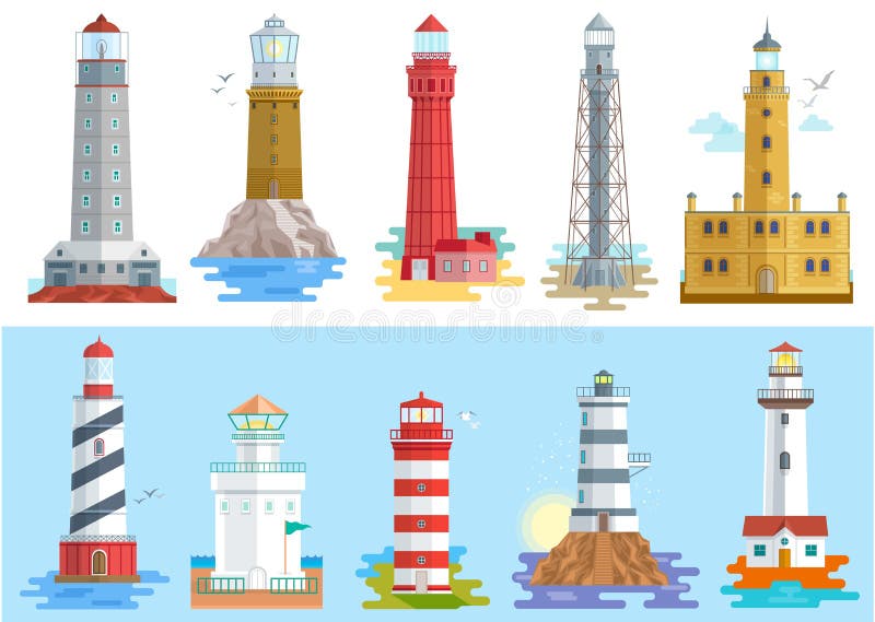 Trayectoria de emisión del encendedor de faro del vector del faro de la iluminación a los ses del sistema del ejemplo de la costa libre illustration Trayectoria de emisión del encendedor de faro del vector del faro de la iluminación a los ses del sistema del ejemplo de la costa libre illustration