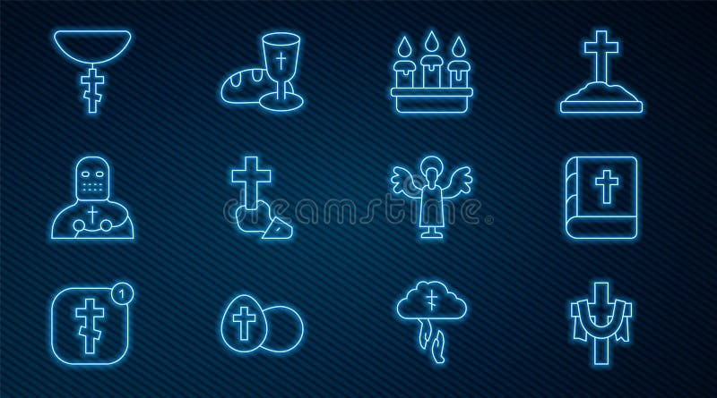 Set line Christian cross Holy bible book Burning candle in candlestick Knight crusader on chain Angel and Goblet bread icon. Vector. Set line Christian cross Holy bible book Burning candle in candlestick Knight crusader on chain Angel and Goblet bread icon. Vector.