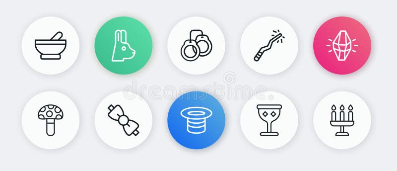 Set line Magic hat stone Psilocybin mushroom Medieval goblet wand Handcuffs Candlestick and Bow tie icon. Vector. Set line Magic hat stone Psilocybin mushroom Medieval goblet wand Handcuffs Candlestick and Bow tie icon. Vector.