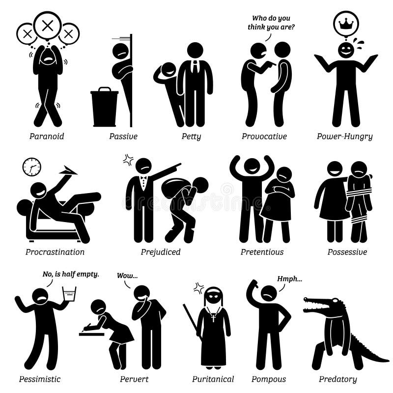 Traços de caráter negativos Clipart das personalidades ilustração do vetor Traços de caráter negativos Clipart das personalidades ilustração do vetor