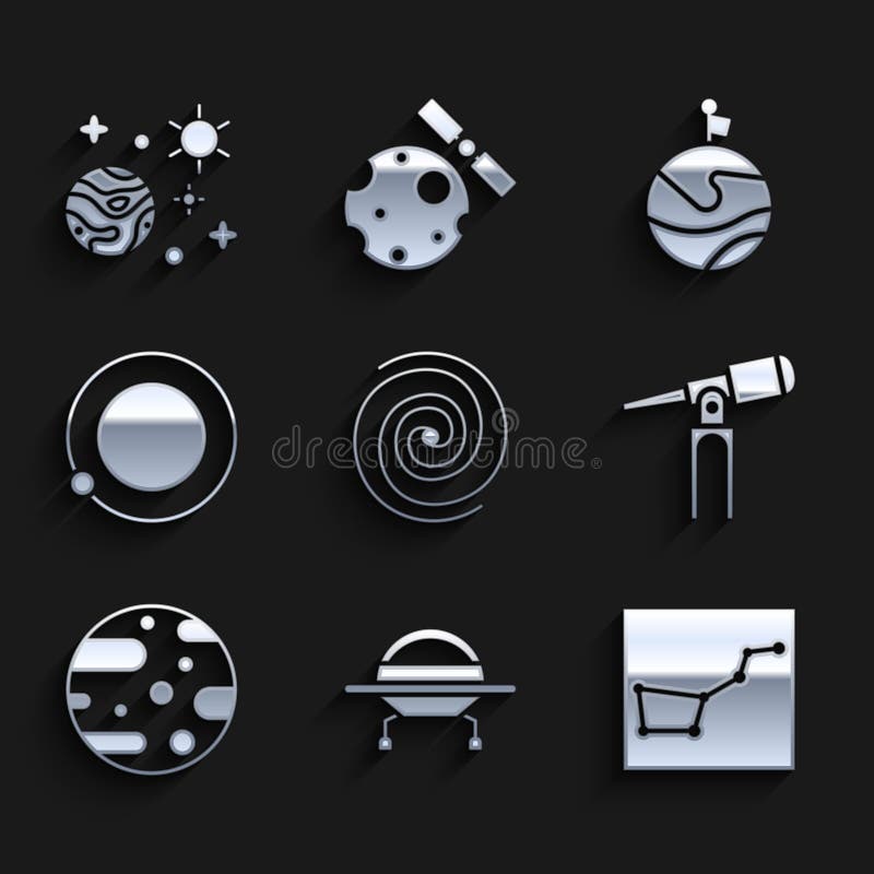 Set Black hole UFO flying spaceship Great Bear constellation Telescope Planet Mars Satellites orbiting the planet Earth Moon with flag and Space and icon. Vector. Set Black hole UFO flying spaceship Great Bear constellation Telescope Planet Mars Satellites orbiting the planet Earth Moon with flag and Space and icon. Vector.