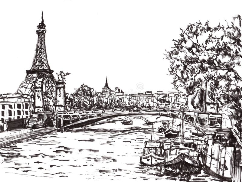 Tração da mão do rio de Paris ilustração stock Tração da mão do rio de Paris ilustração stock