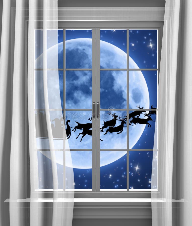 Traîneau et renne de Santa emballant après la lune pour livrer des cadeaux le réveillon de Noël illustration de vecteur Traîneau et renne de Santa emballant après la lune pour livrer des cadeaux le réveillon de Noël illustration de vecteur