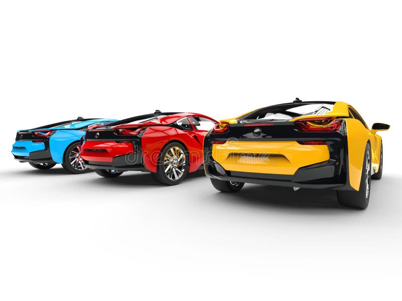 Tre automobili sportive - colori primari - vista posteriore illustrazione vettoriale