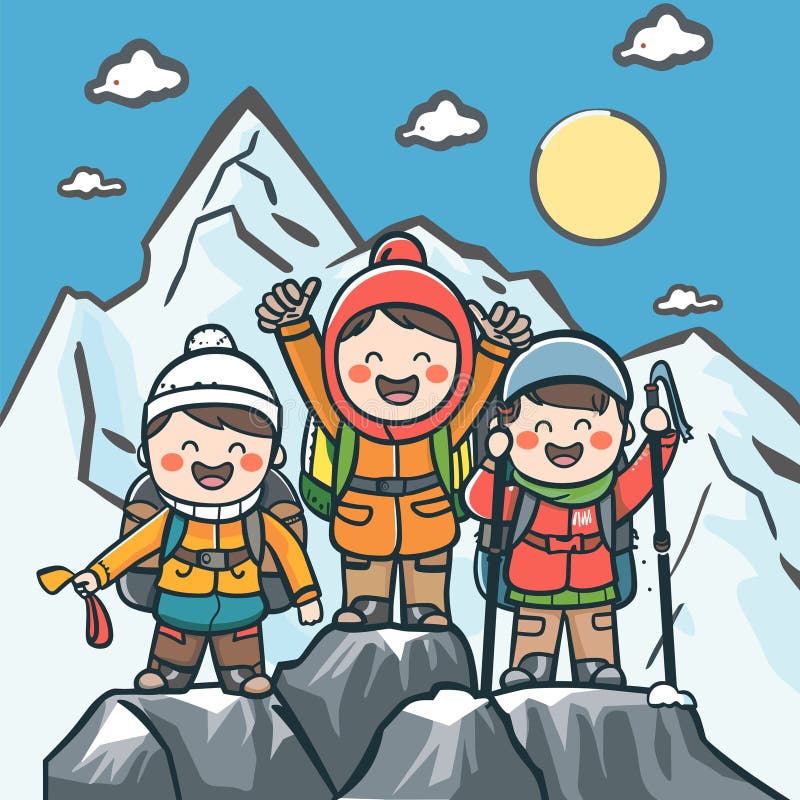 Tre barn som firar bergssluttning vinterbackpack för vandringsutrustning som leker snö stock illustrationer