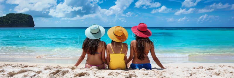 Tre belle ragazze asiatiche sulla spiaggia belle donne che indossano cappelli a colori illustrazione ai generativa illustrazione di stock