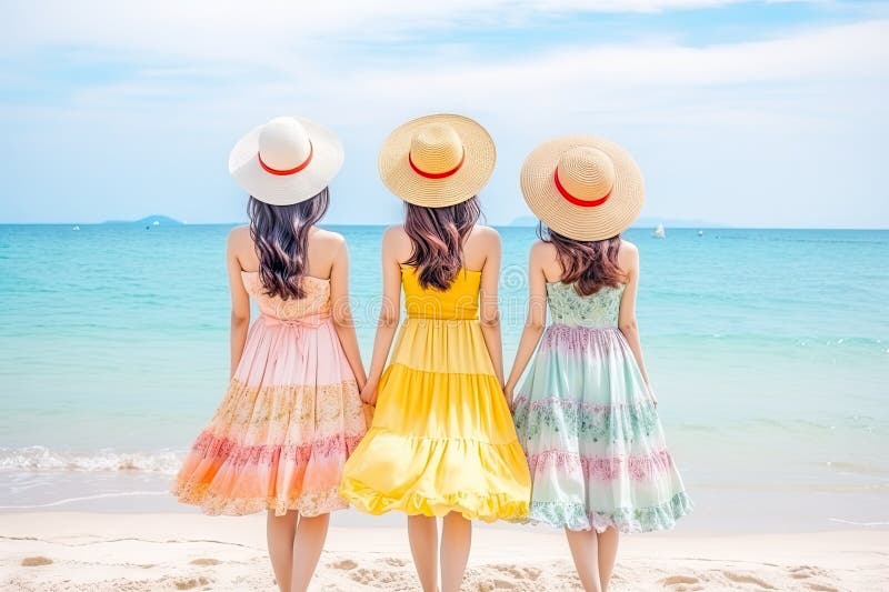Tre belle ragazze asiatiche sulla spiaggia belle donne che indossano cappelli a colori illustrazione ai generativa illustrazione vettoriale