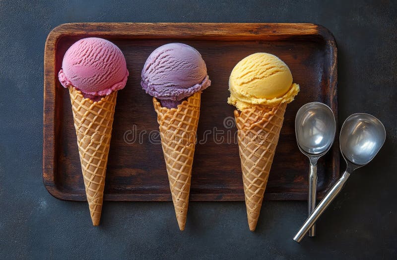 Tre bobine colorate per gelati servite in un cono di waffé su un piatto di legno con cucchiai. Una deliziosa bellezza con tre bobine di gelato in colori vibranti collocati in un cono di waffle. i cucchiai sono disposti accanto al cono su un piastra di legno contro un'aria generata