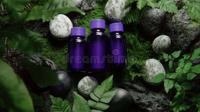 Tre bottiglie di siero viola circondate da verde e pietre fotografia stock