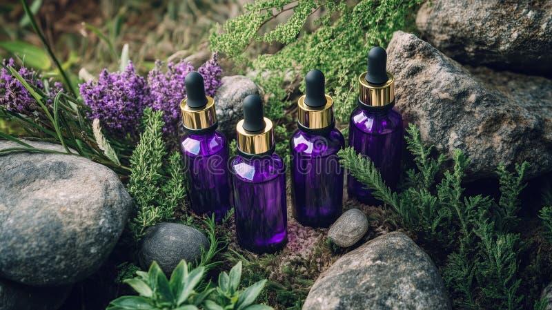 Tre bottiglie di siero viola circondate da verde e pietre fotografia stock